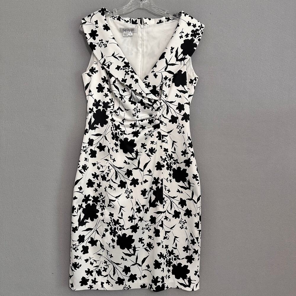 Kay Unger Satin Sheath Portrait Collar Party Cocktail Dress Sz 8 Black and White - Picture 9 of 13